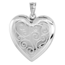 1 inch Sterling Silver Heart Locket Necklace for Women 4 Picture Scroll Engraved 20 inch RL_30H