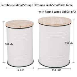 Glitzhome Rustic Storage Ottoman Seat Stool, Farmhouse End Table, Galvanized Dark Blue Rim Imitation Enamel Accent Side Table Toy Box Bin with Round Wood Lid for Living Room, Set of 2, White