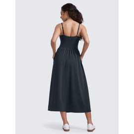 CRZ YOGA Maxi Square Neck Tank Dress for Women Summer Casual Travel Padded Sleeveless Flowy Outfits with Side Pockets Black Medium