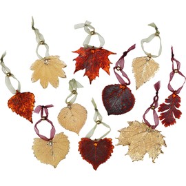 Leaf Ornament - Sugar Maple Leaves, Gold Dipped, 2.5 to 3 Inches in Length or Width, Assorted Adjustable Ribbon Tie