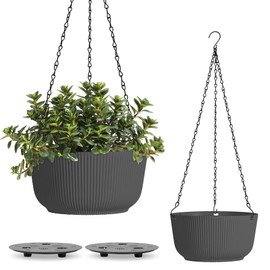T4U 10 Inch Hanging Planters for Indoor Outdoor Plants, Hanging Plant Pot Pack of 2, Self Watering Hanging Pots with Drainage Hole & Plug & Chain with 3 Hooks for Garden Home Decor, Grey