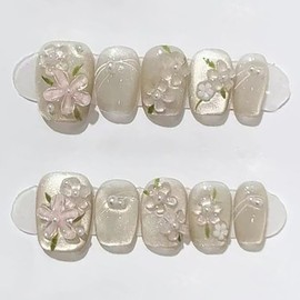 Short Square Press on Nails 3D Floral Fake Nails for Spring Summer Reusable Full Cover Nail Art with DIY Manicure Kit Flowers False Nail Manicure Decoration Supplies for Women 24Pcs