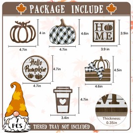 Guoofu 7 Pcs Fall Thanksgiving Tiered Tray Decor, Autumn Harvest Hello Pumpkin Coffee Farmhouse Wood Decorations Set, Buffalo Plaid Rustic Wooden Decorative Signs for Home Table Shelf