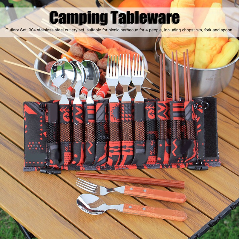 12 Pcs Stainless Steel Wooden Handle Tableware Set Outdoor 4