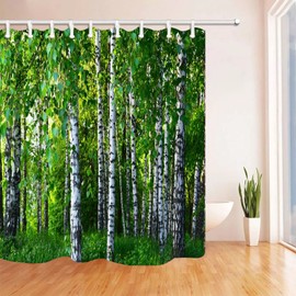 SPXUBZ Shower Curtain Green Tree, Woodland Birch Forest Shower Curtains Waterproof Polyester Fabric Curtains Set with 12 Hooks for Bathroom 72 x 72 Inch