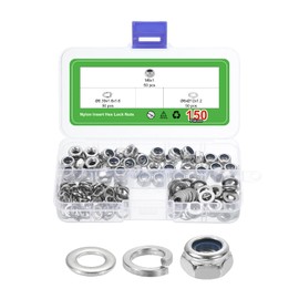 sourcing map 150Pcs M6x1mm Nylon Insert Hex Lock Nut Kit, 304 Stainless Steel Self Tight Lock Nuts with M6x12x1.2mm Flat Washers and M6.39 Spring Washers, Silver&Blue
