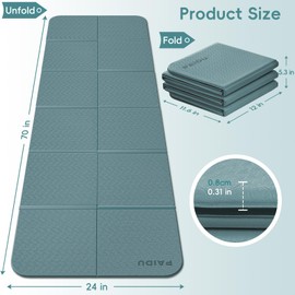 PAIDU Foldable Yoga Mat for Travel, 70"x24"x0.31" (8MM) TPE Double-Sided Non-Slip Pilates Mat with Carrying Bag for Yoga, Pilates, Fitness and Home/Outdoor Workouts(Dark green + Grey)