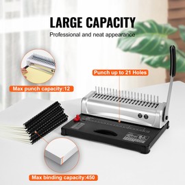 Happybuy Comb Binding Machine, 21-Hole Binder for 450 Sheets, Includes 100 PCS 3/8'' Comb Spines, Compatible with Letter, A4, A5 Sizes