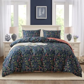NEWLAKE Cotton Duvet Cover King Size - Soft Breathable Duvet Cover Set 3 Pieces with Zipper Closure, 1 Duvet Cover 104x90 Inches and 2 Pillow Shams, Navy Classic Floral Pattern