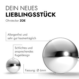 TIABELLE Zoe Stud Earrings Made of Titanium - Ball Earrings for Women - Allergy-Free & Skin-Friendly - Handmade in Germany (4 mm Diameter and 6 mm Diameter), Titanium