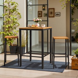 Devoko Acacia Wood Outdoor Patio Bar Set for 2, Square Counter Height Table with 2 Stools, Dining Bar Set for Garden, Deck, Pool Side, Dining Room, Kitchen, Living Room