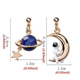 Asymmetric Cartoon 3D Astronaut Planet Crescent Moon Star Stud Earring Cute Creative Pentagram Spaceman Drop Dangle Earring for Women Celestial Jewelry Birthday Gift-A moon