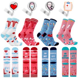 ANOTION Nurse Gifts, 4 Pairs Funny Nurse Socks and Badge Reels Do Not Disturb Nurse Week Gifts Nurse off Duty Cute Socks Gifts For Women Nurses Day Nurses Appreciation Gifts Nurse Graduation Gift