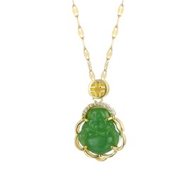Gold Plated Laughing Buddha Pendant Necklace Ring Set Green Jade Smiling Laughing Buddha Necklace Cubic Zirconia Gemstone Lucky Amulet Jewelry Set for Women Men-green C
