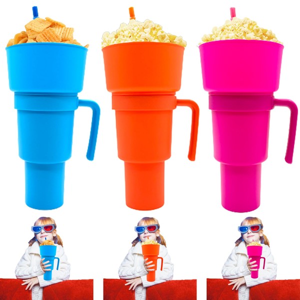 Xanadued 3 Pcs Stadium Tumbler with Snack Bowl, 2 in 1 Travel Cup with Snack Bowl, Cup Snack with Bowl on Top and Straw, Leak Proof Snack Cup, Cup and Bowl Combo -32oz (Blue, Orange, Pink)