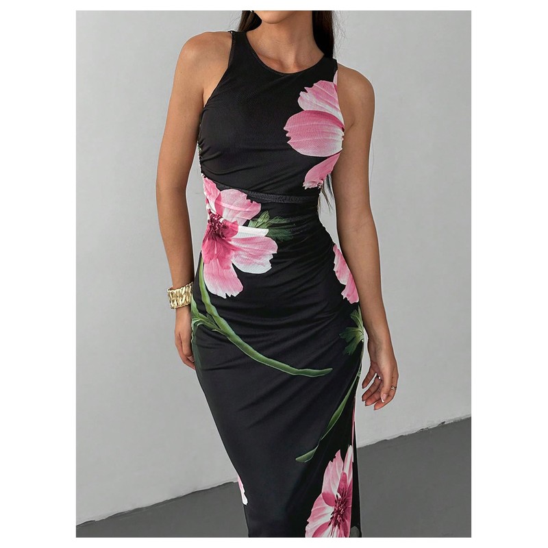 Milumia Women's Floral Mesh Maxi Dress Sleeveless Crew Neck Ruched