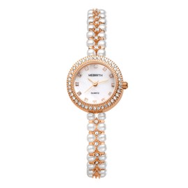 JewelryWe Womens Iced-Out Pearl Watch: Round Analog Quartz Wrist Watch Stylish Rhinestone Casual Business Dress Watch