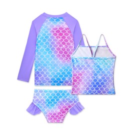Girls Bathing Suits Size Long Sleeve Swimsuits 10-12 Years Old Purple Blue Mermaid 3 Pieces Rash Guard Tankini Set