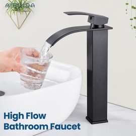 Airuida Vessel Sink Faucet Oil Rubbed Bronze Tall Waterfall Bathroom Faucet One Hole Single Handle Deck Mount Mixer Tap Bathroom Lavatory Vanity Sink Faucet with Pop Up Drain