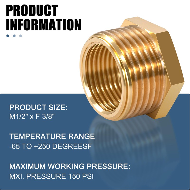 Brass Reducer, 1/2 Inch Male Thread x 3/8 Inch Female