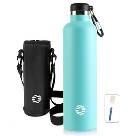 FEIJIAN FJBOTTLE 1000 ml Insulated Stainless Steel Water Bottle with 2 Lids BPA-Free Leak-Proof Sports Bottle Thermos Flask with Carabiner Hook (Light Green)