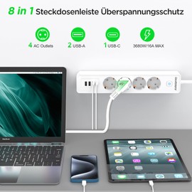 Power Strip with 4 USB, 4-Way Multiple Socket with Switch, Wall Mounting 3680 W 16 A 2 Type-C Multiple Plug Socket Distribution Socket for Office Home 1.8 m