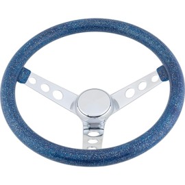 Speedway Motors 13 Inch Blue Metalflake 60s Style Steering Wheel, 3-1/2 Inch Dish, Three Spoke Chrome Design with Horn Button, Universal 3-Bolt Mount Pattern