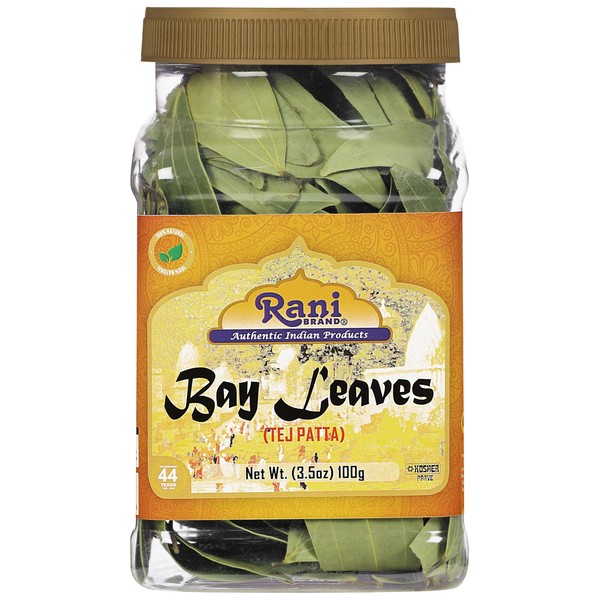 Rani Bay Leaf (hojas), especia entera seleccionada a mano extra grande 100 g (3.5 onzas), tarro de PET todo natural, respetuoso con el gluten, no OMG, vegano, origen indio (Tej Patta)