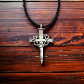 Forgiven Jewelry Nail Crown of Thorns Cross Rhodium Metal Finish (Lgaa4rhd)  Black Cord Necklace