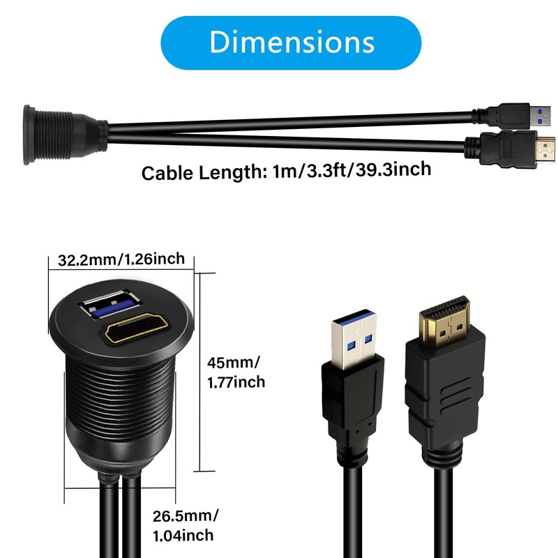 QINJOOELC USB 3.0 & HDMI Car Mount Flush Cable, Male