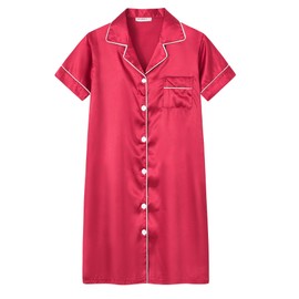 UNICABBIT21 Red Nightgowns for Junior Girls Satin Silky Cute Button Down Tween Kids Short Sleeve Night Dress Size 10
