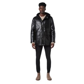 Andrew Marc Men's Faux Leather Sherling Jacket, Hooded Black