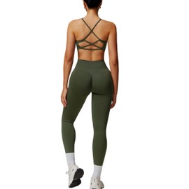 ABOCIW Workout Sets for Women Seamless High Waist Scrunch Butt Lifting Gym Leggings Yoga Pants Strappy Sports Bra Exercise 2 Piece Outfits Forest Green Medium