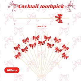 BOXOB 100pcs Bow Cocktail Picks, 4.7in Long Wood Bow Drink Stirrers Sticks with Polka Dot Design Exquisite Cocktail Mini Skewer Appetizer Toothpicks for Party Decorations Supplies