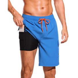 SILKWORLD - Traje de baño para hombre con forro de compresión, secado rápido, pantalones cortos de natación de 9 pulgadas con bolsillos tipo cargo, azul mar, Large