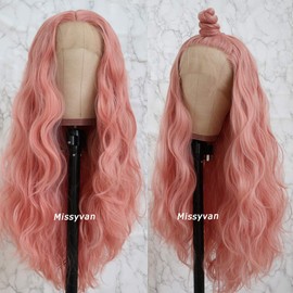 Missyvan Long Loose Wave Hair Pink Color Lace Wigs Glueless Heat Resistant Fiber Hair Synthetic Lace Front Wigs for Fashion Women Natural Hair Line And Baby Hair