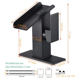 Bathroom Sink Led Faucet Waterfall Spout Black RGB 3 Colors Changing Temperature Lavatory Vanity Sink Faucet One Hole Handle Modern Washbasin Tap with Lights Deck Mount Commercial