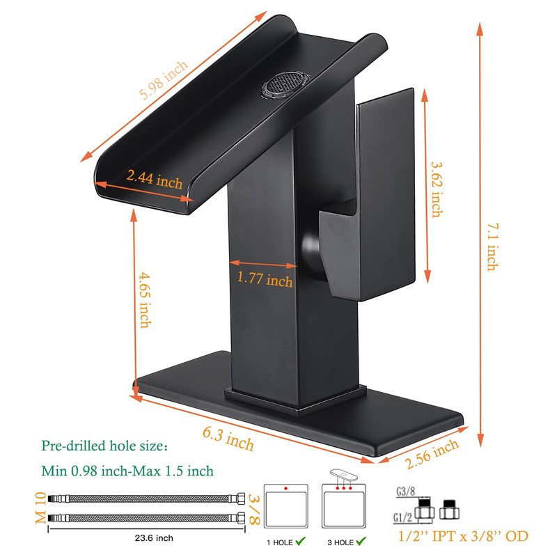 Bathroom Sink Led Faucet Waterfall Spout Black RGB 3 Colors