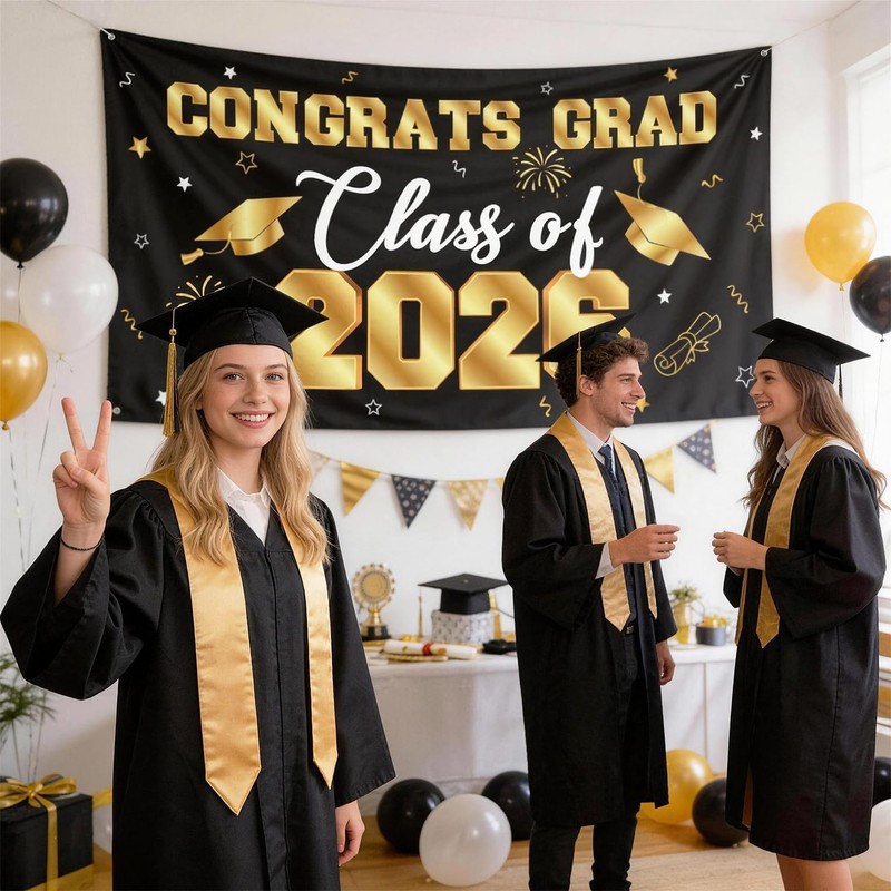 Graduation Decorations 2026 Black and Gold, Graduation Backdrop Banner 71