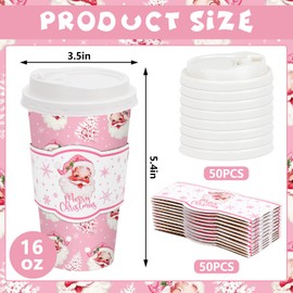 JarThenaAMCS 50Pcs 16Oz Pink Christmas Disposable Coffee Cups with Lids and Sleeves Cute Santa Xmas Tree Paper Drinking Cups for Winter Birthday Party Supplies