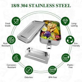 Anatole 304 Stainless Steel Bento Box 47oz 1400ml Leak-Proof Lunch Box with Removable Divider BPA Free Dishwasher Safe Food Container for Adults Office Camping Picnic Travel