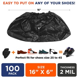 EZGOODZ Black Indoor Shoe Covers Disposable Non Slip, 16 x 6 Inch. 100 Pack Shoe Booties Disposable. 2 Mil CPE Disposable Booties for Shoes Covers. Waterproof Surgical Boot Covers for Outdoor