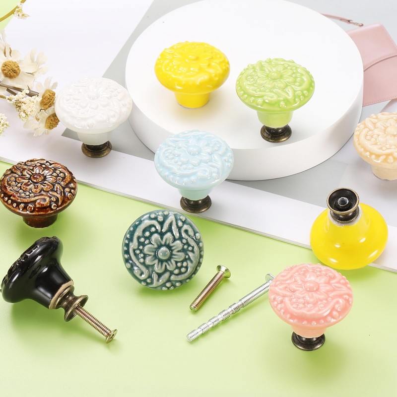 sourcing map 10Pcs Ceramic Knobs, 34mm/1.34" Flower Pattern Mushroom Knob