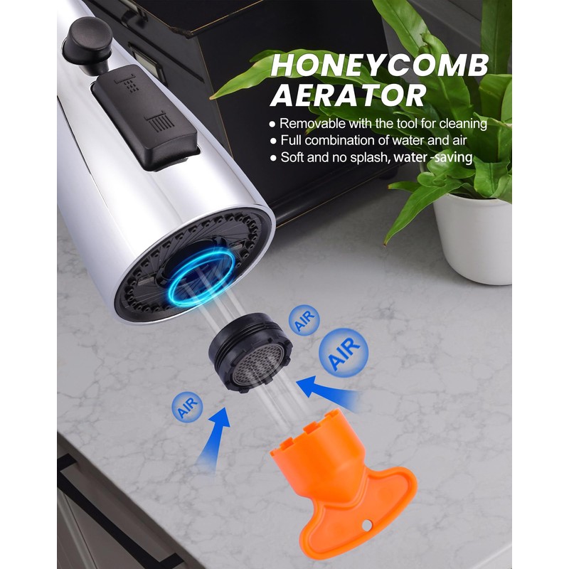 Metal Kitchen Faucet Head Replacement: 3-Function Pull Down Spray Nozzle