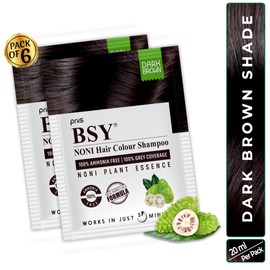 BSY Noni Dark Brown Hair Color Shampoo (20ml x 6 Sachets) | Ammonia Free Hair Color for men | Natural Dark Brown Permanent Hair Dye Shampoo for women | Noni Fruit Hair Dye | 5 Minutes Hair Colour