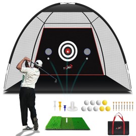 Golf Practice Net with Tri-Turf Mat - All in 1 Home Golf Hitting Aid Nets for Backyard Driving Chipping Swing Training (10x7FT, Tent Style)