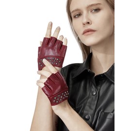 FIORETTO Womens Fingerless Leather Gloves for Driving Unlined Half Finger Punk Gloves for Motorcycle, Goth Cosplay Costume Burgundy Medium