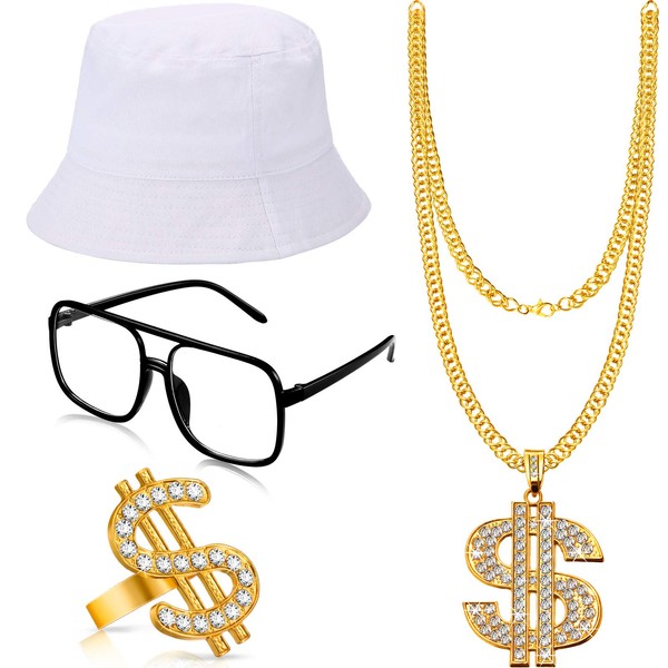Gejoy Hip Hop Costume Kit 80s/90s Rapper Accessories Bucket Hat Sunglasses Gold Chain Ring Outfit for Men Women(White)