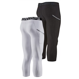 DEVOPS 2 Pack Men's 3/4 Compression Pants Athletic Leggings with Pocket (Large, Black/White)