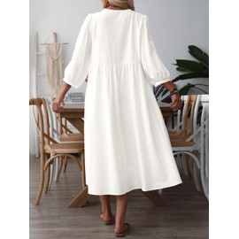 Celmia Cotton Dress for Women Summer Boho Puff Sleeve Linen Maxi Dress White Large